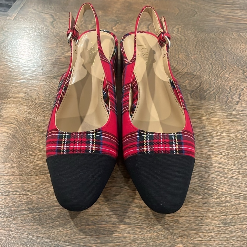 J. Crew Red Plaid Slingback Flats with Black Toe